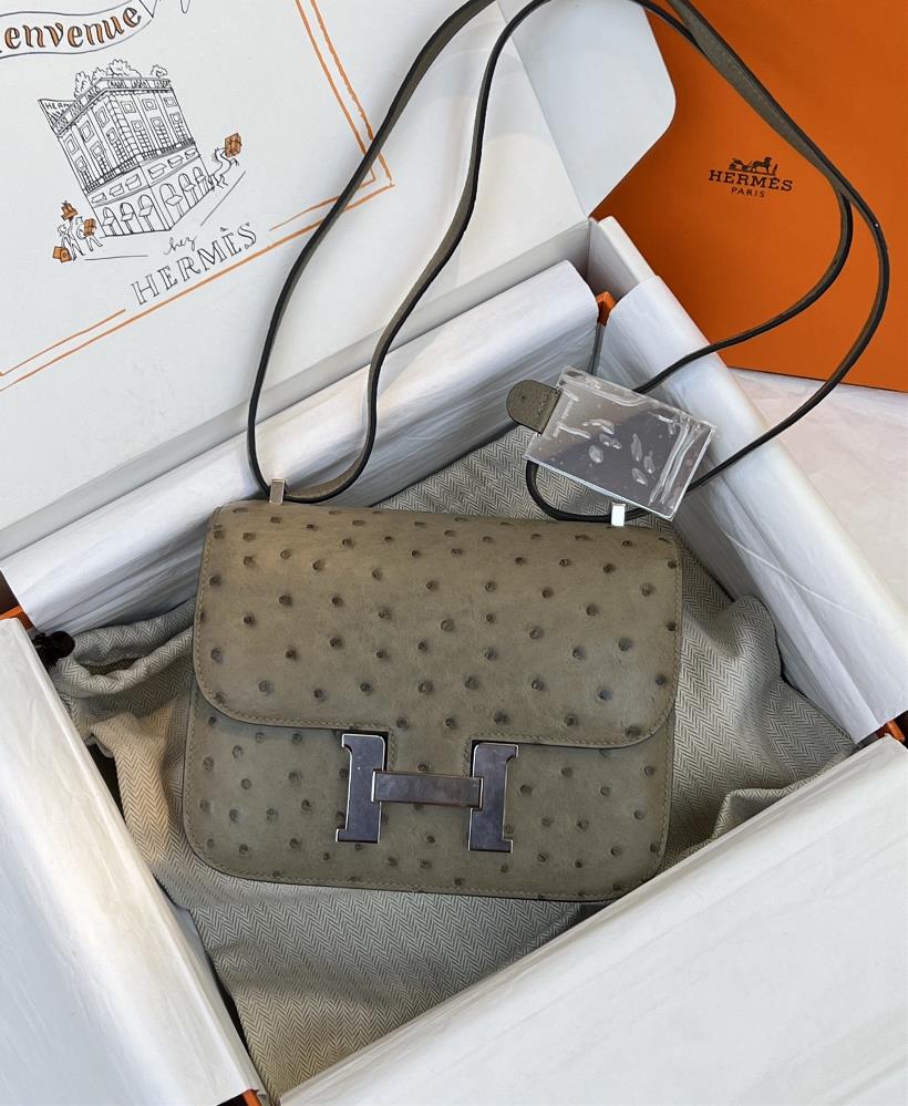 new productConstance 19cm Silver BuckleKK ostrich skin olive green handmade wax thread sewn pure steel hardware in stock  professional luxury fashion