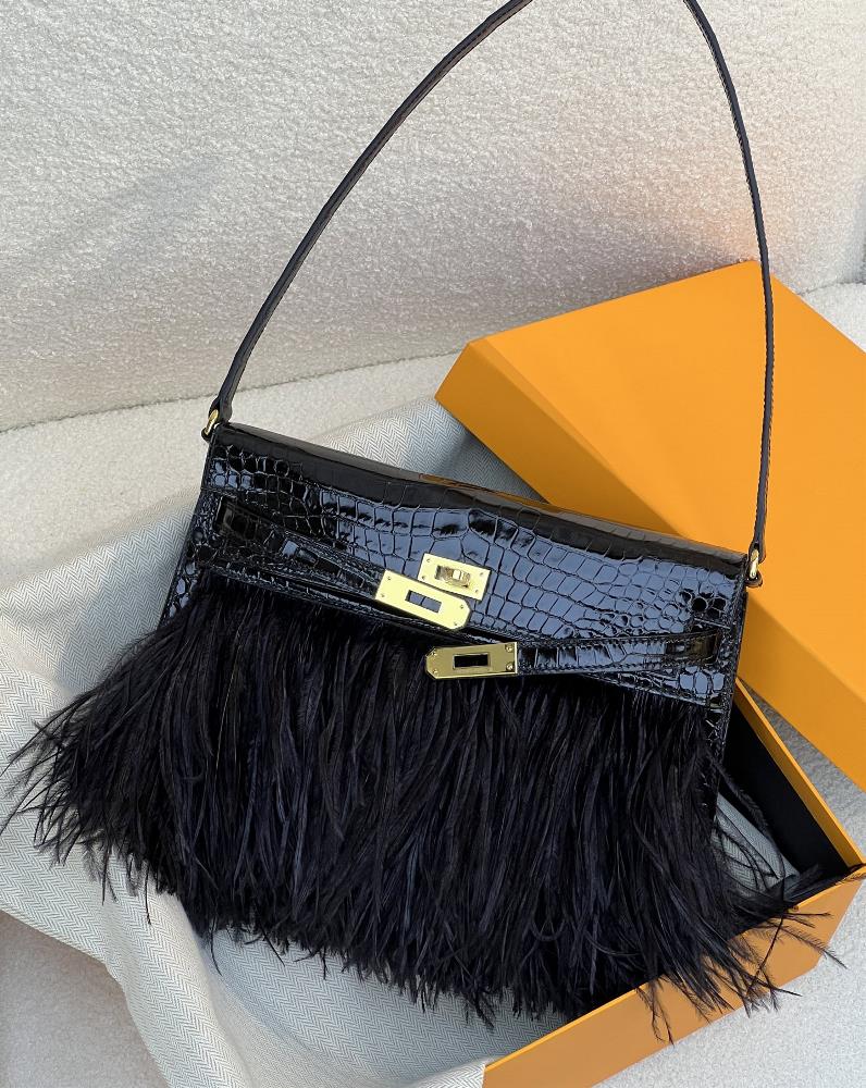 Crocodile skin feather armpit bag black gold in stock  professional luxury fashion brand agency businessIf you have wholesale or retail intentions
