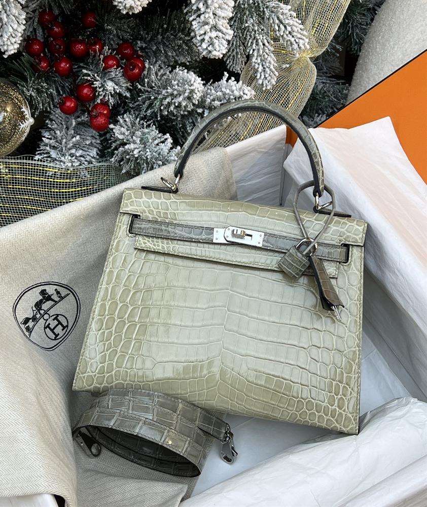 Crocodile skin Kelly 25 Sage green with spotted dove grey silver bucklespot  professional luxury fashion brand agency businessIf you have wholesale