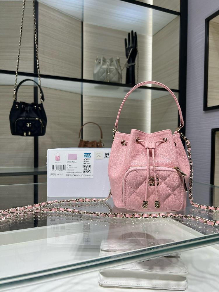 Ohanel 25B new small bucket bag small lucky bag classic diamond grid wiringCherry blossom pink drawstring calf leather size 125107cm model 4775  p