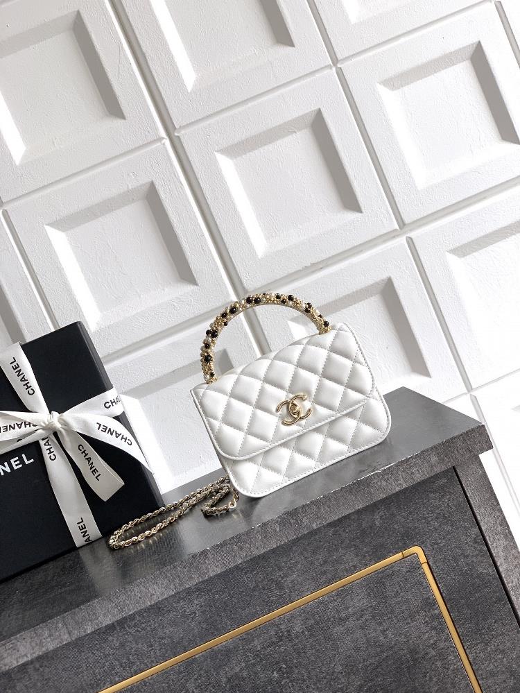 Small size milkshake white OHANEL Chanel 26C pearl handle chain bag champagne gold lychee patterned leather classic diamond grid pattern metal doubl