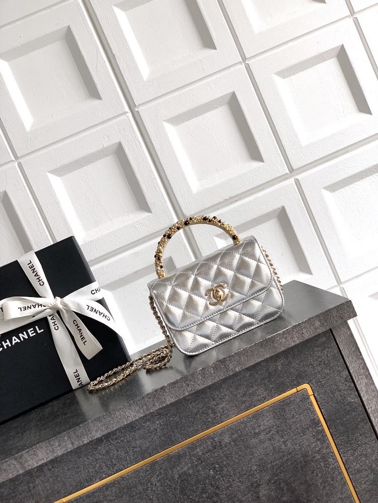 Small silver OHANEL Chanel 26C pearl handle chain bag champagne gold lychee leather classic diamond grid pattern metal doubleC logo highly recogniz