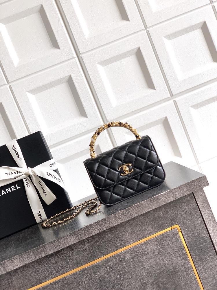 Small black OHANEL Chanel 26C pearl handle chain bag champagne gold lychee leather classic diamond grid pattern metal doubleC logo highly recogniza